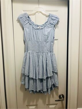 Princess Polly Blue Swiss Dot Smocked Tiered Mini Dress Size US 10